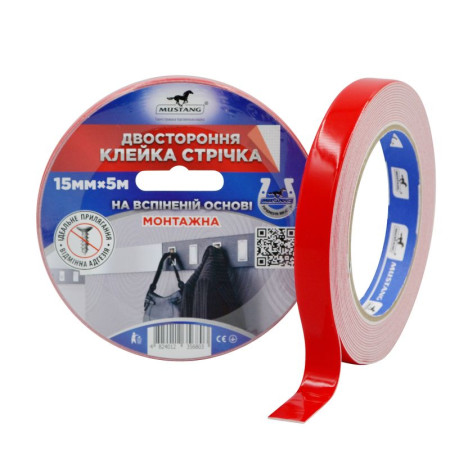 Двостороння клейка стрічка на вспіненій основі МОНТАЖНА MUSTANG 15мм*5м